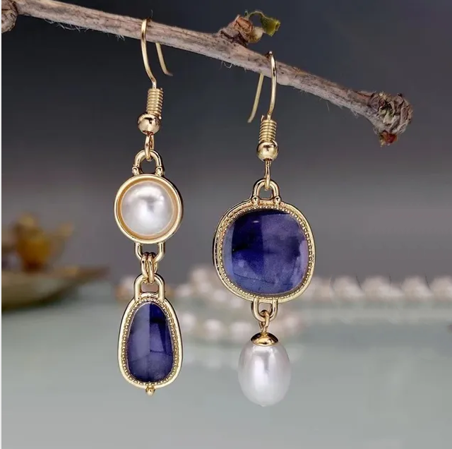 Pendientes de perlas de piedra azul vintage