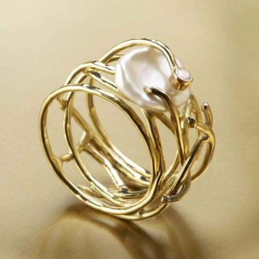 Anillo Vintage Delgado de Oro y Perlas