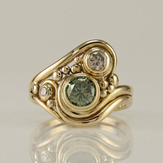 Anillo de Zirconia Verde Dorado Vintage