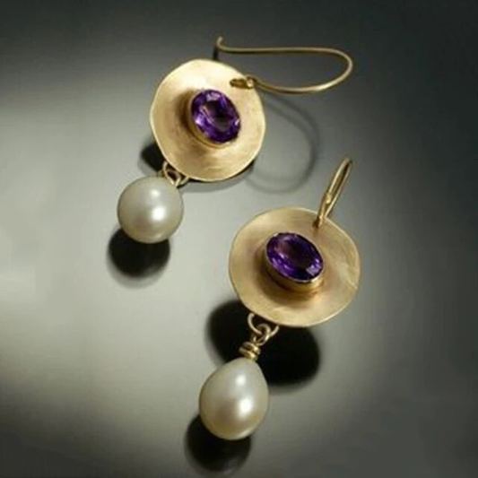 Pendientes de perla de zirconia púrpura dorada vintage