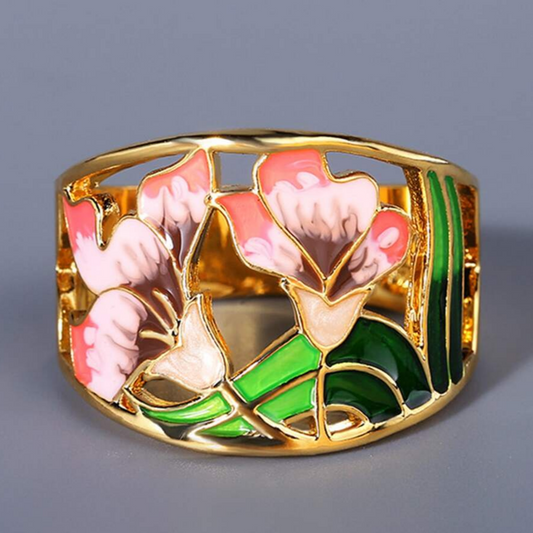 Anillo de Flores de Esmalte Dorado Vintage